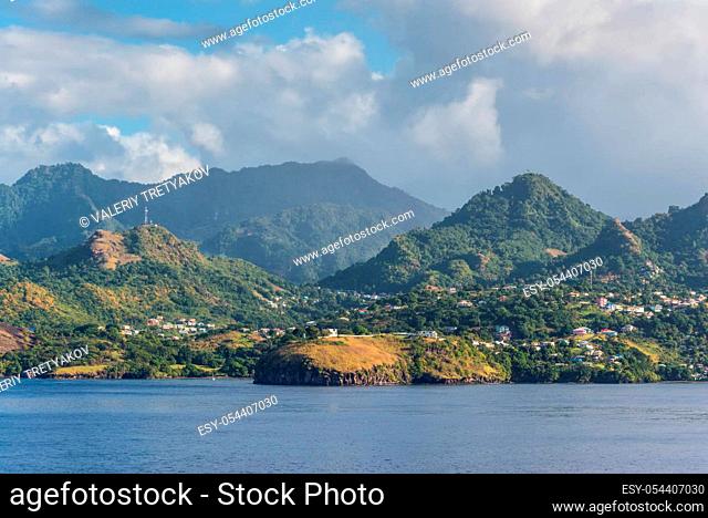Coastline view with lots of living houses on the hill, Clare Valley, Saint Vincent and the Grenadines