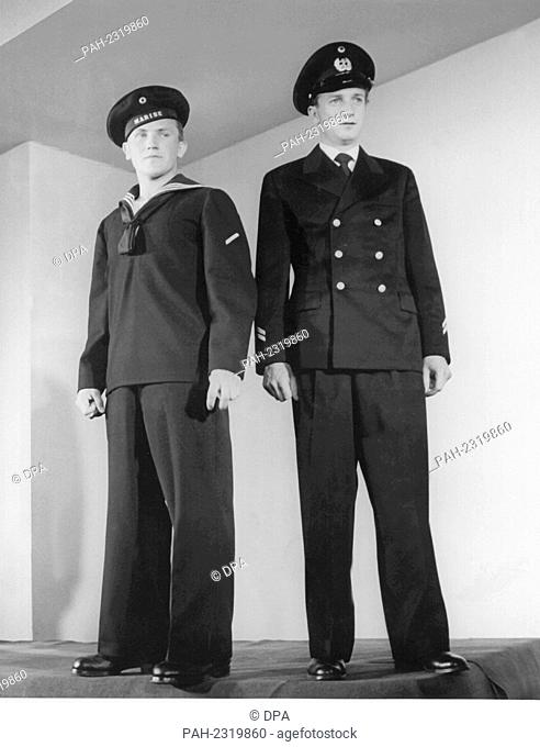 To the left the formal military uniform for a navy private, to the right the one for a petty officer, presented on the 22nd of July in 1955