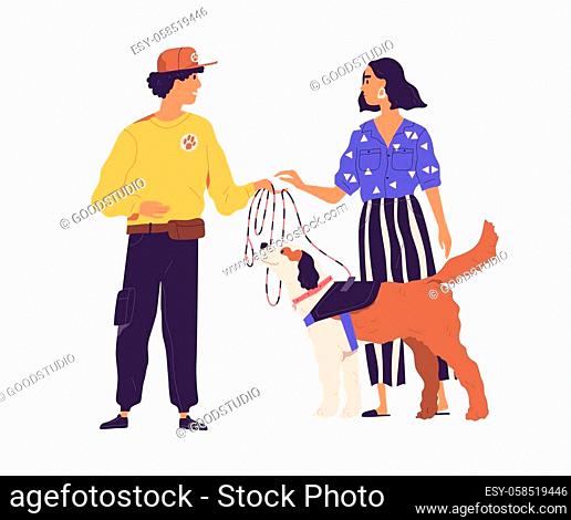 Professional dog walker from pet walking service getting animal from owner. Colored flat vector illustration isolated on white background