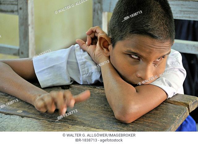 Blind boy attending a school for the blind, Tangalle, Sri Lanka, Ceylon, South Asia, Asia