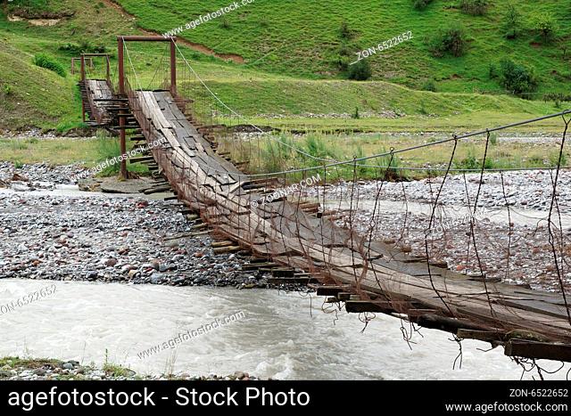 Swing bridge across the Aragwi River, Georgian Military Road, Georgia, Europe