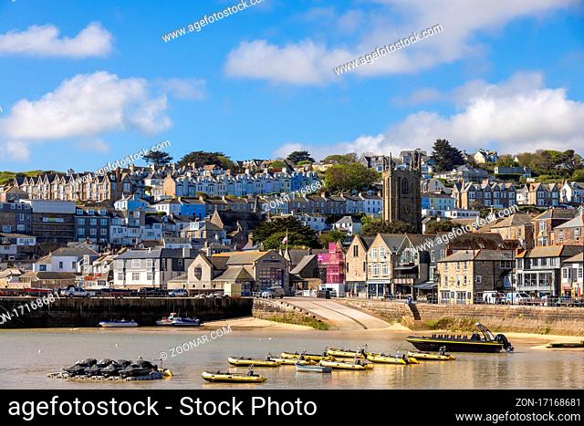 ST IVES, CORNWALL, UK - MAY 13 : View of boats at St Ives, Cornwall on May 13, 2021. Unidentified people