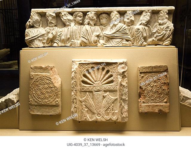 Along top: Fragment of a sarcophagus from Visigothic basilica. Bottom left and right: Sixth century decorated Visigothic bricks