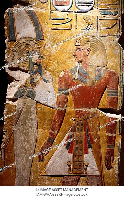 Fragment of a pillar : king Seti I in front of the god Osiris. New Kingdom, 19 Dynastic Around 1290 BC West Bank Valley of the kings, Grave of Seti 1 limestone