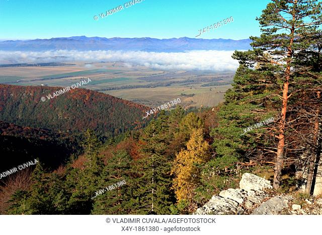 View of the Turiec region and Lucanska Mala Fatra from the cliffs above the cave Mazarna, NP Velka Fatra