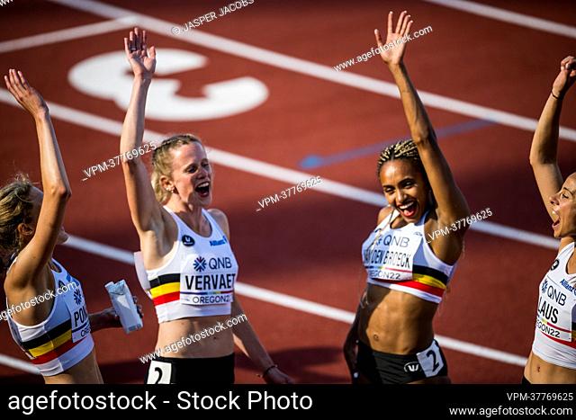 Helena Ponette, Belgian Imke Vervaet, Belgian Naomi Van den Broeck and Belgian Camille Laus celebrate after the heats of the women's 4x400m relay race