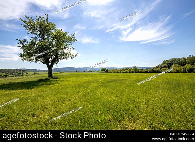 17.05.2020, Wehrheim (Hessen): Sunshine and blue sky over the meadows and fields with a view of the Taunusha main ridge with the Great Feldberg