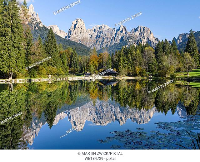 Lago Welsperg. Valle del Canali in the mountain range Pale di San Martino, part of UNESCO world heritage Dolomites, in the dolomites of the Primiero
