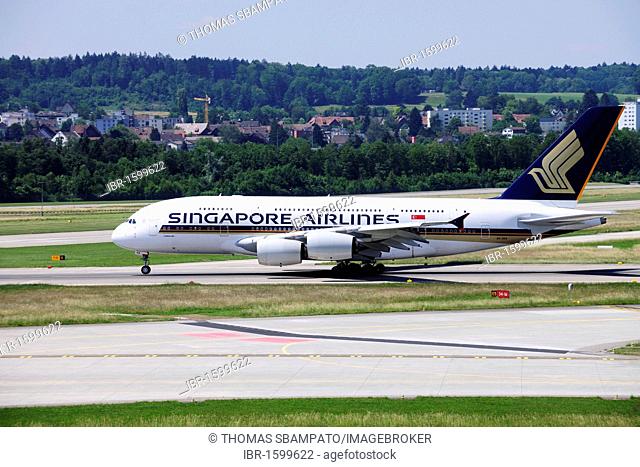 Airbus 380 from Singapore Airlines during take-off, Zurich Airport, Switzerland, Europe