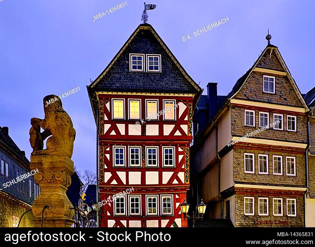 Europe, Germany, Hesse, city of Herborn, historic old town, Christmas, Christmas lights, historic houses on the market square