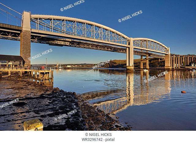 The Tamar Bridges, across the Hamoaze, estuary of the River Tamar, at Saltash, near Plymouth, Cornwall, England, United Kingdom, Europe