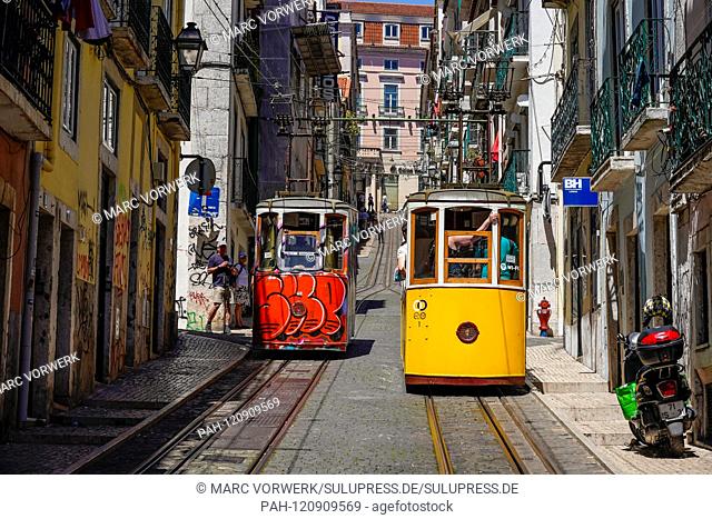 14.05.2019, Lisbon, capital of Portugal on the Iberian Peninsula in the spring of 2019. The Elevador da Bica or Ascensor da Bica is one of three funicular...