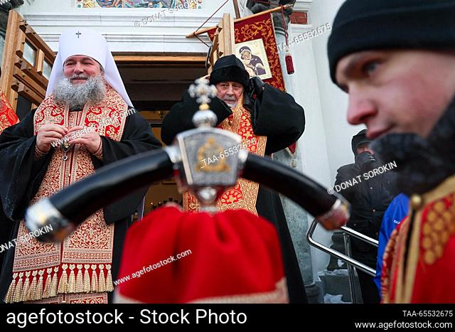RUSSIA, YEKATERINBURG - DECEMBER 7, 2023: Metropolitan of Yekaterinburg and Verkhoturye Yevgeny (L back) is seen at St Catherine's Chapel during a religious...