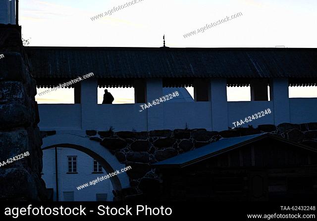 RUSSIA, ARKHANGELSK REGION - SEPTEMBER 18, 2023: A view of a wall of the Solovetsky Monastery on Bolshoy Solovetsky Island of the Solovetsky archipelago
