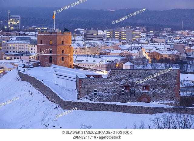Winter dawn at Gediminas tower in Vilnius, Lithuania