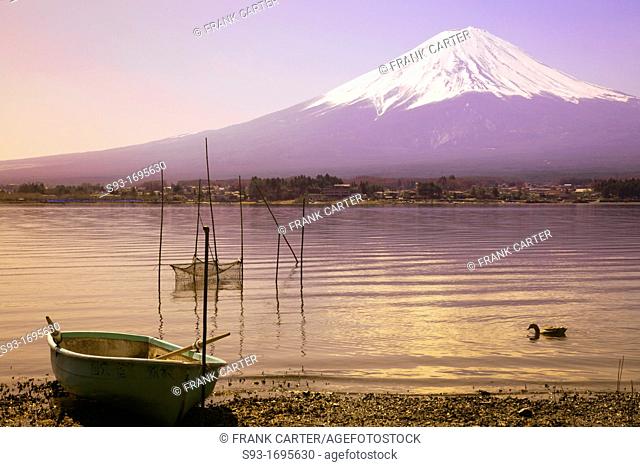 A view of Mt  Fuji in front of Lake Kawaguchiko