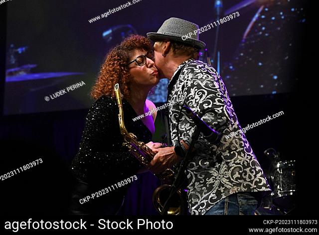 Israeli-American singer Mikey Ariel, left, and saxophonist Jimmy Carpenter performs within a festival project to celebrate the 80th birthdays of Rolling Stones...