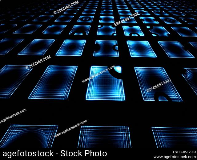 Abstract perspective background - computer-generated image. Fractal geometry: rectangles like tiles or computer cpu. Modern technology or virtual reality...