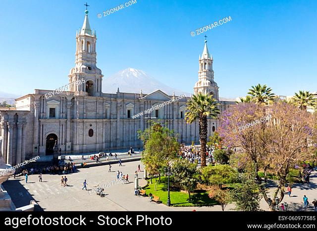 Arequipa Peru September 14 2018 Panoramic view of main Park, its cathedral and Misti Volcan in Arequipa