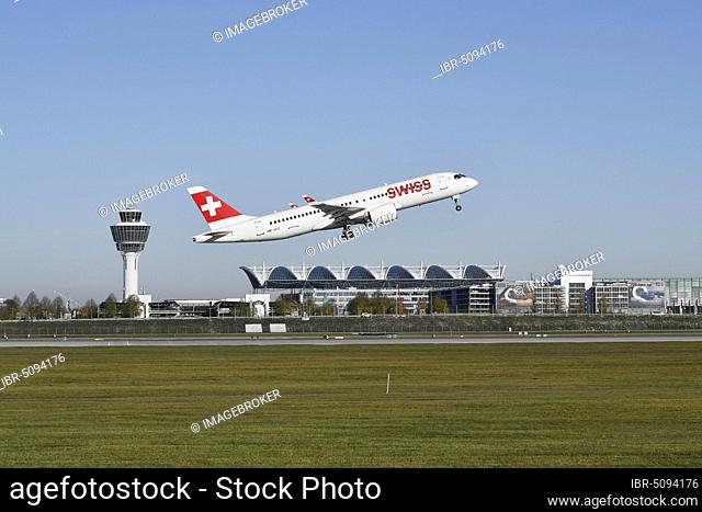 Swiss, LX 1100, Runway South with Tower, Munich Airport, Upper Bavaria, Bavaria, Germany, Europe