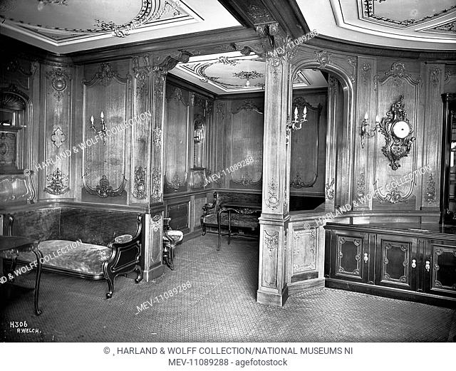 First class library corner seating and panelling. Ship No: 317. Name: Oceanic. Type: Passenger Ship. Tonnage: 17274. Launch 14 January 1899