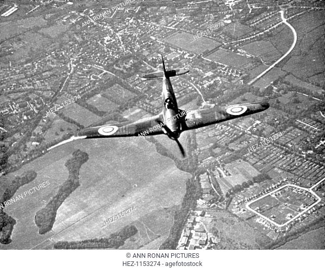 Hawker Hurricane in flight, Battle of Britain, World War II, 1940. A Hawker Hurricane of Fighter Command on its way to intercept German bombers as they crossed...