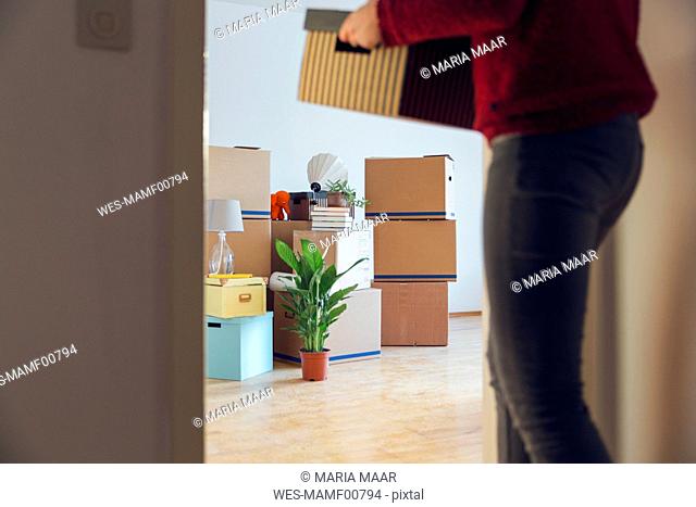 Woman carrying cardboard box in a new home