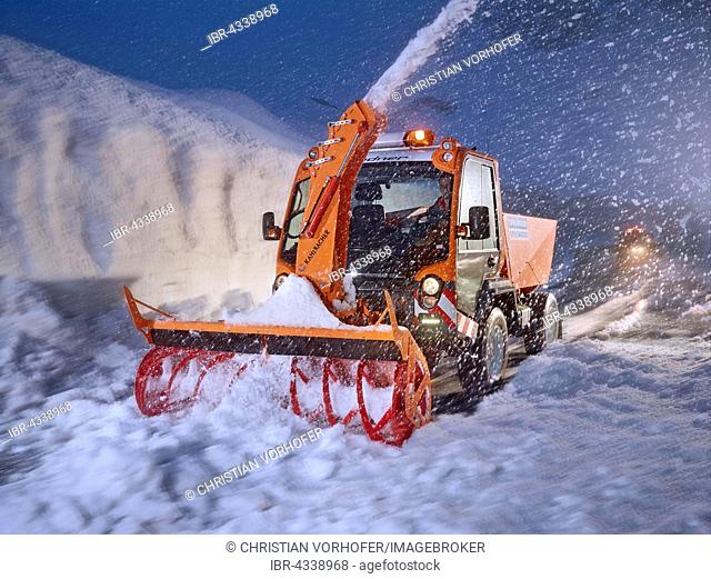 Snowplow removing snow, winter maintenance, Hochgurgl, Ötztal, Tyrol, Austria