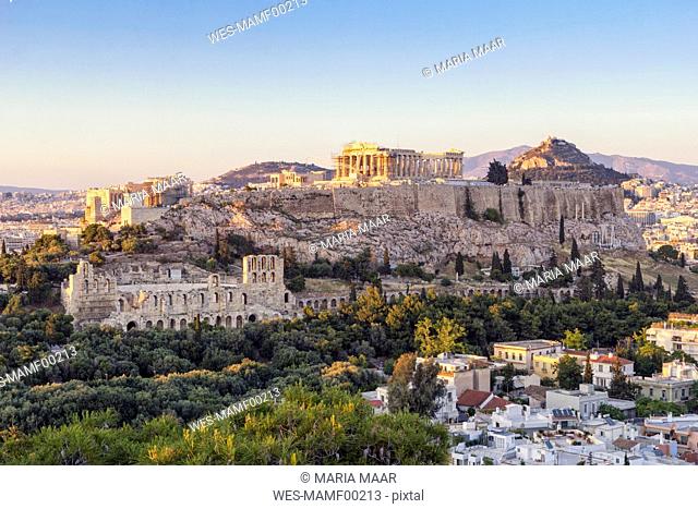 Greece, Athens, View of the Acropolis from Pnyx
