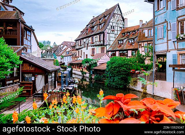 Colmar, Alsace, France. Petite Venice, water canal and traditional half timbered houses. Colmar is a charming town in Alsace, France