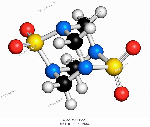 Tetramethylenedisulfotetramine (TETS) rodenticide, molecular model. Atoms are represented as spheres with conventional colour coding: hydrogen (white)