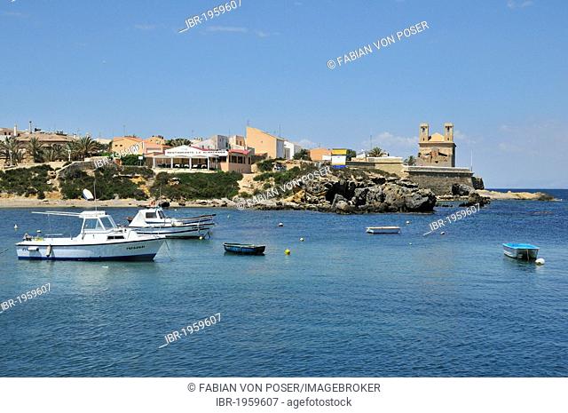 Fishing boats in the harbor of Tabarca island, Alicante, Costa Blanca, Spain, Europe