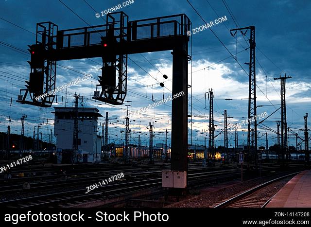 COLOGNE, GERMANY - JUNE 13, 2019: Urban infrastructure, railway system at sunset on June 13, 2019 in Germany