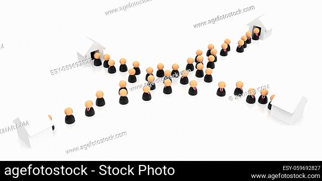 Crowd of small symbolic businessmen figures, management booths, 3d illustration, horizontal, over white, isolated