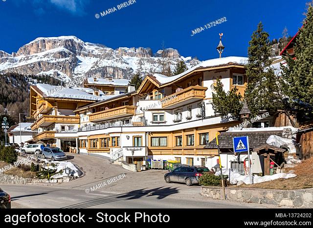 Hotel Olympia, Arabba, in the back Piz Boé, 3152 m, Arabba, Sellaronda, South Tyrol, Alto Adige, Dolomites, Italy, Europe