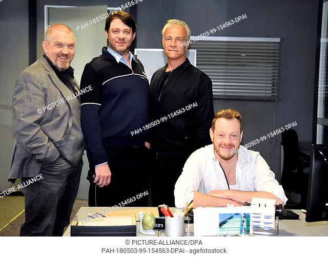 03 May 2018, Germany, Cologne: Actors Dietmar Baer (L-R) as Freddy Schenk, Roeland Wiesnekker (Frank Lorenz) J. Behrent (R) in the role of commissioner Max...