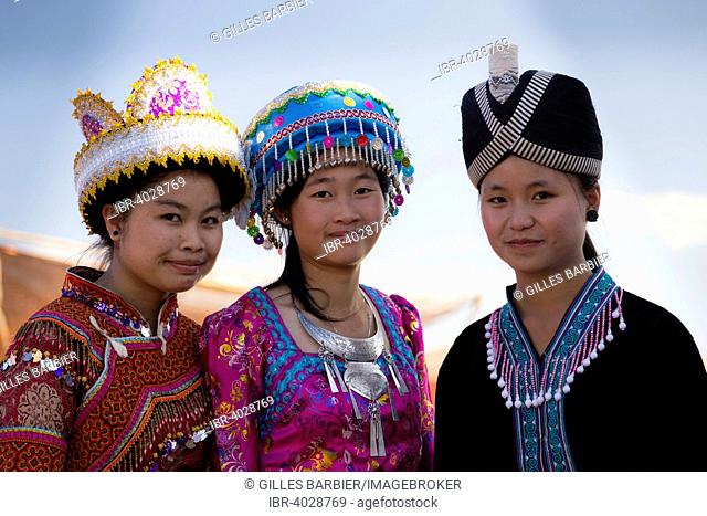 Girls dressed in traditional Hmong costumes, Hmong New Year's Celebration, Phonsavan, Xiangkhouang, Laos