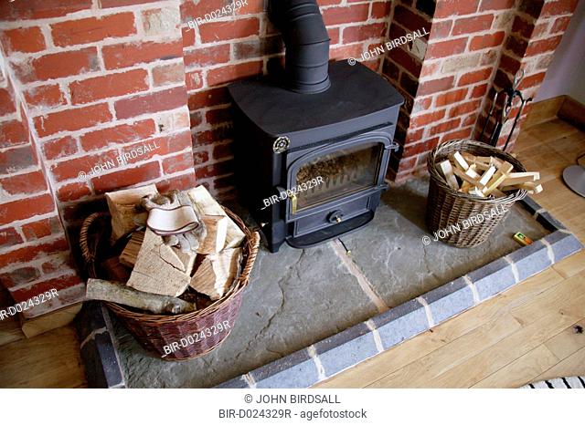 Wood burning stove in Eco House at The Wintles, Bishop's Castle