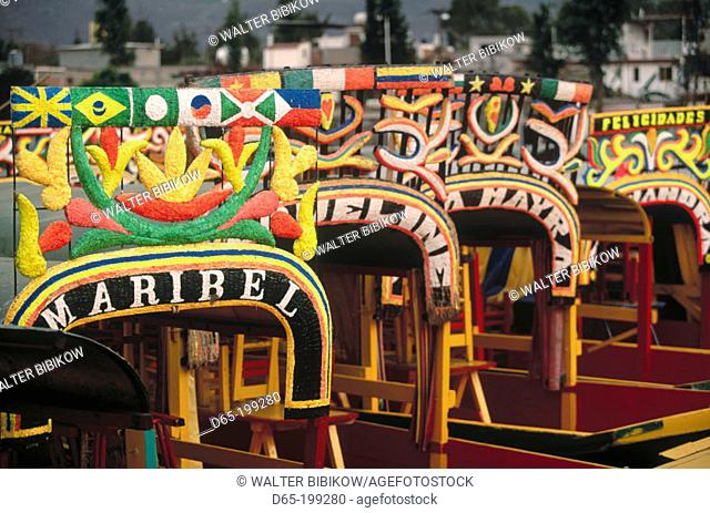 Trajineras (traditional ornated rafts). Xochimilco. Mexico