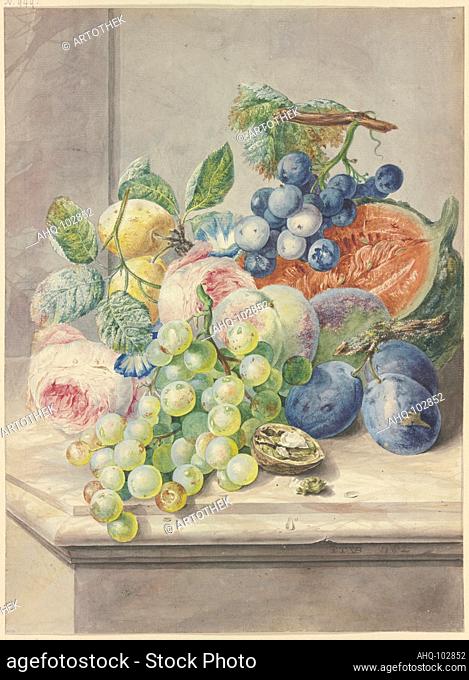 Künstler: Brussel, Paul Theodor van, 1754-1795 Titel: Fruchtstück mit einer aufgeschnittenen Melone und zwei Rosen, Trauben, Pfirsichen