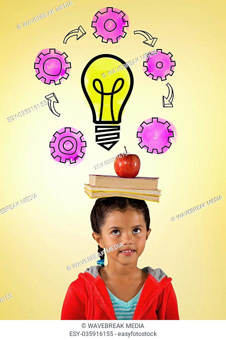 Girl with books on head and light bulb cogs graphics