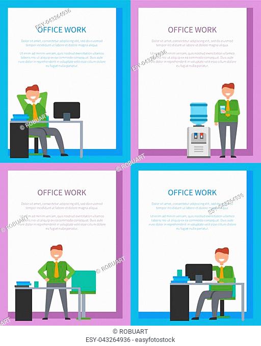 Office work posters set with smiling men with glass of water standing near watercooler or at table workplace, having rest at table vector