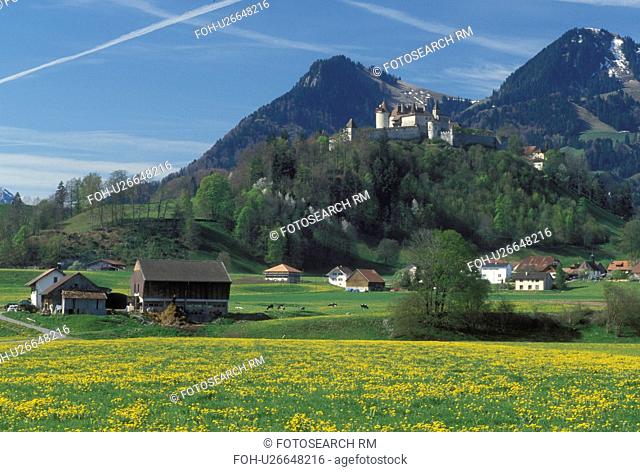 Gruyeres, Chateau de Gruyeres, Switzerland, Fribourg, Europe, Chateau de Gruyeres a 13th century castle in a fortified medieval town situated on top of a hill...