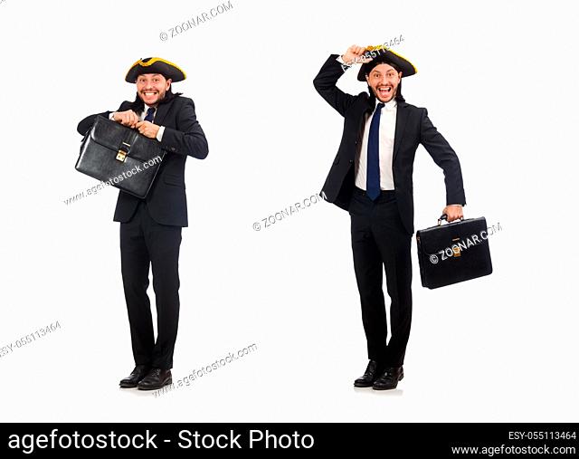 Businessman with tricorn and briefcase isolated on white