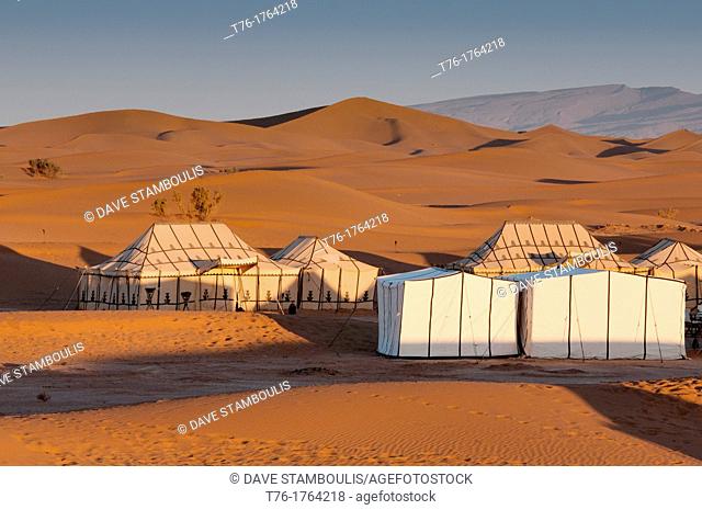 tents at a luxury desert camp in the Sahara at Erg Chigaga, Morocco