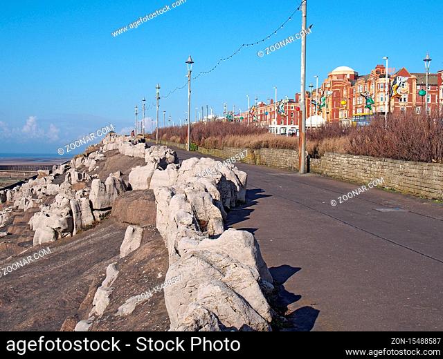 Blackpool, Lancashire, United Kingdom - 07 March 2020: The pedestrian walkway along the south promenade in Blackpool at the artificially landscaped area known...