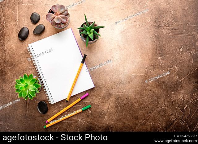 Empty note pad for notes, pens, zen stones and pots with succulents on the table. Top view with place for text