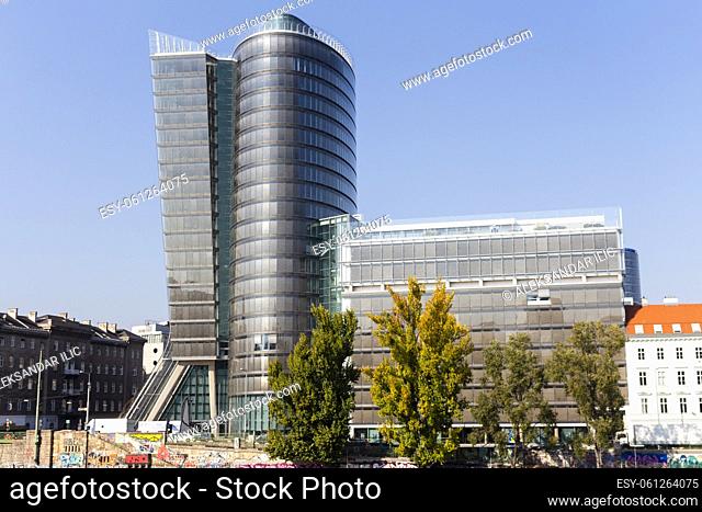 VIENNA, AUSTRIA: Uniqua tower. Corporate modern building in downtown Vienna. Uniqua is Insurance company from Austria