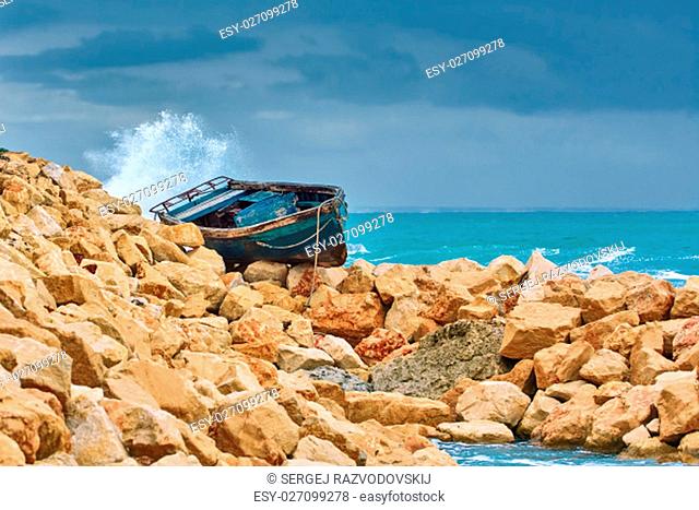Boat on the Stony Shore of Black Sea in Varna, Bulgaria