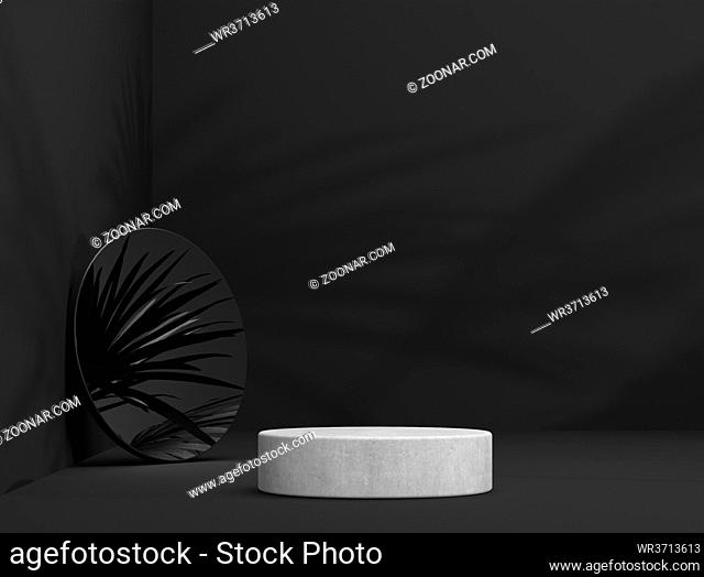 abstract stone template as presentation stage with leaf shadow and mirror in front of background - 3D Illustration